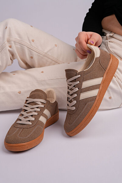 ALFHA Süet Toprak Bej Termo Taban Yanı Şeritli Ortopedik Tabanlıklı Bağcıklı ...