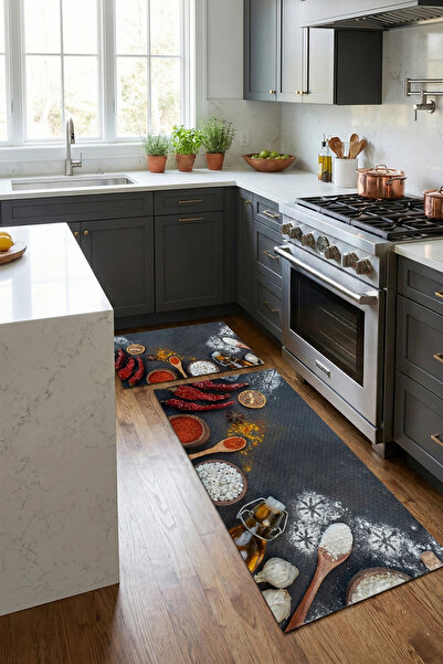 Valerine Life Baharatlı Kuru Biberli Siyah Mutfak Matı Halısı Yıkanır Kaymaz ...