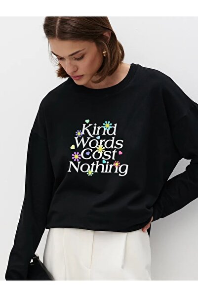 ELNOYA Black'Kind Words' Typographic Printed Premium Cotton Sweatshirt