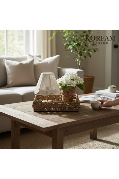 KorFam Rosalinda - Beyaz Gece & Masa lambası Hasır Tepsi Seti