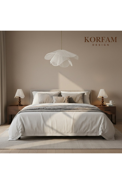 KorFam BREEZE Modeli Beyaz Avize & Abajur Set - Hasır El Yapımı Bohem Avize 2...