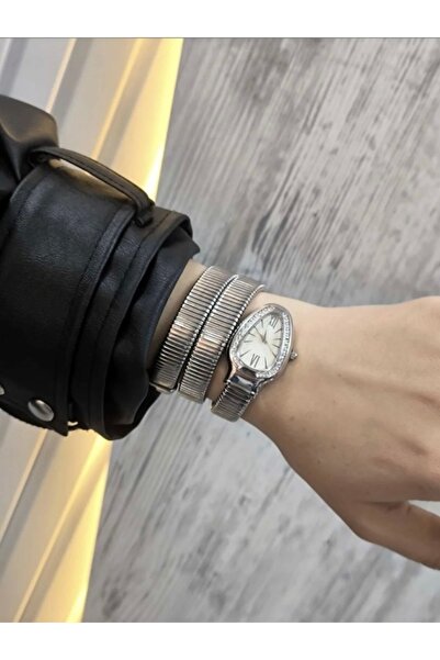 Yegane Gümüş Renk Yılan Model Kadın Spiral Bilezikli Şık Tasarım Kol Saati