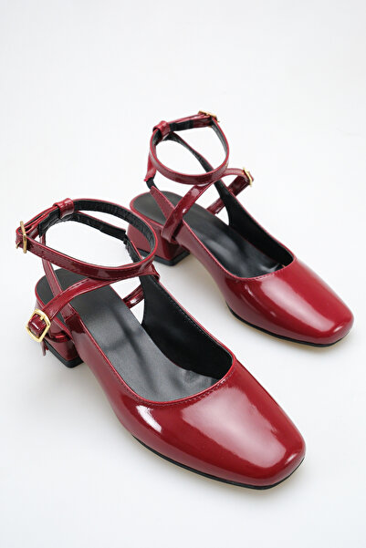 ich1one Mary Jane Şık ve Rahat Kadın Rugan Alçak Topuklu Çift Tokalı Bordo Ay...