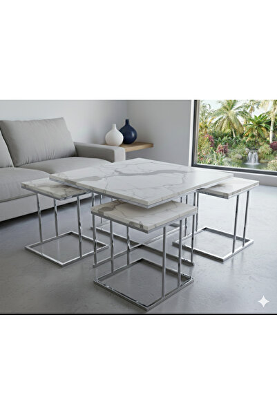 Nokta Sehpa Home RİO 5Lİ SET 4+1 pizza 5li set ORTA SEHPA gümüş beyaz mermer