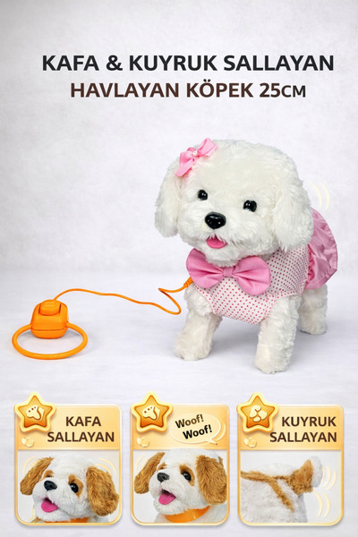 YILDIRIM OYUNCAK Peluş Tasmalı Yürüyen Fiyonklu Köpek 25 cm Sesli Havlayan Ka...