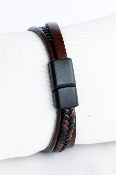 biuti Brown Black Genuine Leather Triple Men's Bracelet with Magnet, Valentine's Day Gift