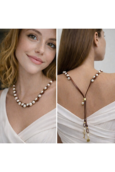 Kutcha Accessories Kutcha Taba Deri Ve Incili Tasarım Kolye