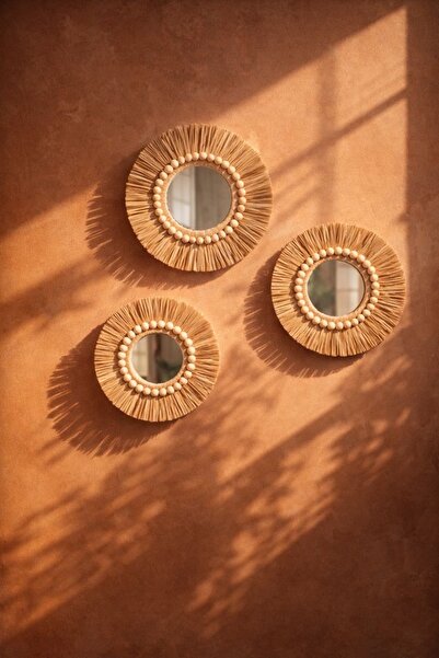 Gunwood Dekoratif Üçlü Bohem Ayna Seti Rafya Ayna Hasır Duvar Süsü Dekoratif ...