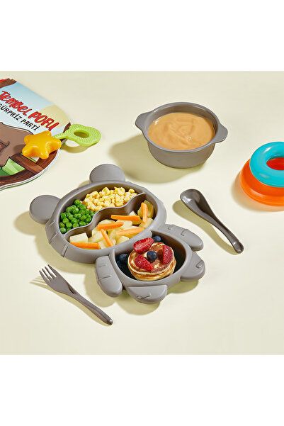 Leony Sevimli Ayıcık 3 Bölmeli Kaseli Çatal ve Kaşıklı Çocuk Bebek Mama Tabağ...