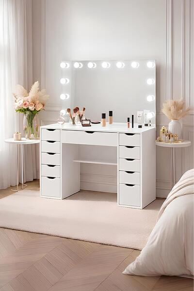 benim odam Diva Takı Düzenleyicili Full Hollywood Led Işıklı 11 Çekmeceli Mak...