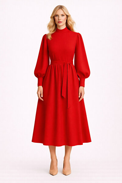 MERT ERKAN Balon Kollu Kırmızı Dökümlü Kumaş Midi Boy Casual/Şık Elbise