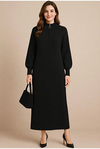 semela Straight Cut Taupe Zipper Detail Long Dress (130 cm)