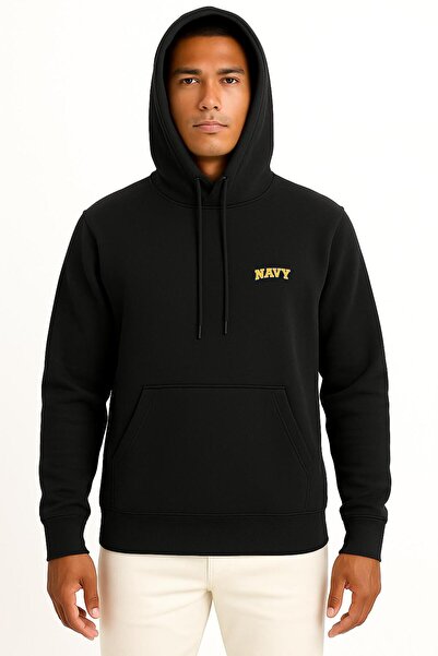 Bahriyeli Collection Hooded Navy Unisex Sweatshirt with Pocket and Back Print