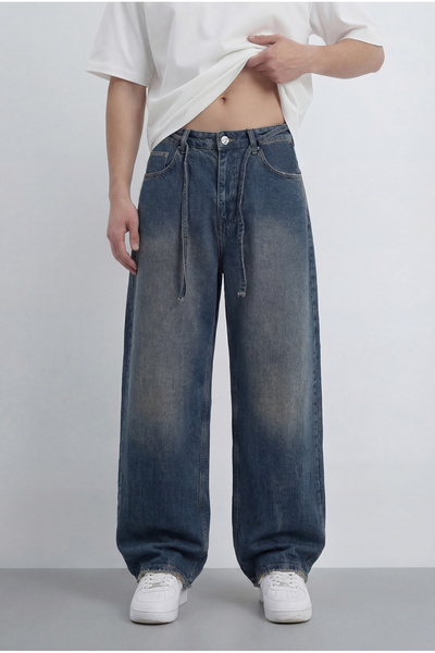 TWILIT Bağcıklı Yıkama Detay Baggy Jean - Lacivert