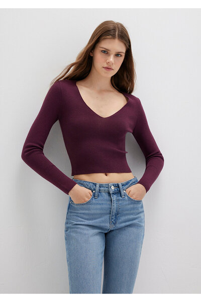 Mavi V Yaka Bordo Kazak Crop / Kısa Kesim 1710122-87830