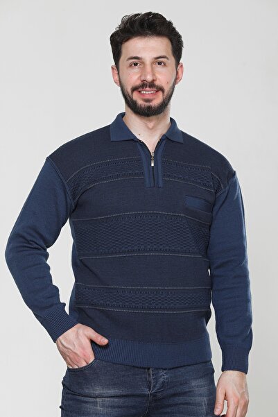 HEDEFNUR TEKSTİL سترة تريكو زرقاء بياقة بولو وجيوب بسحاب