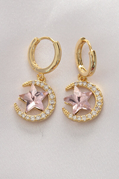 Skygo Brass Gold Color Pink Zircon Stone Star Detail Moon Earrings - Tj-Bkp8965