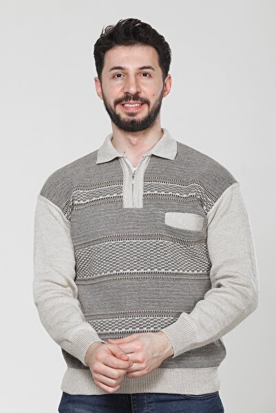 HEDEFNUR TEKSTİL سترة تريكو بياقة بولو بلون البيج مع جيوب بسحاب