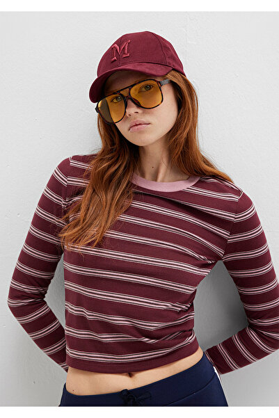 Mavi Long Sleeve Striped Burgundy T-Shirt Fitted / Bodycon Cut 1613604-91193