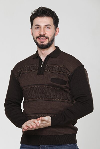 HEDEFNUR TEKSTİL سترة تريكو بنية اللون بياقة بولو وجيوب بسحاب