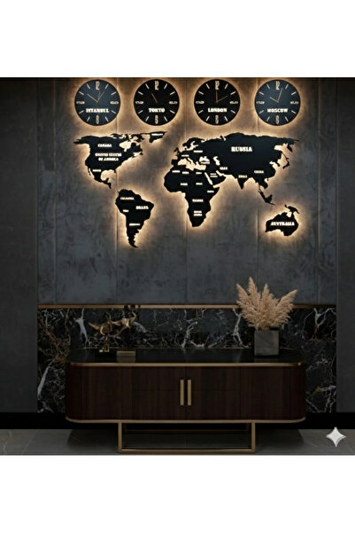 Dekorevo Metal dünya haritası ve dört başkent saati LED ışıklı (ürün fişli de...