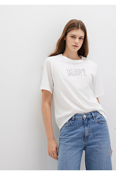 Mavi Logo-bedrucktes Ecru-T-Shirt mit normaler Passform / normaler Schnittfor...