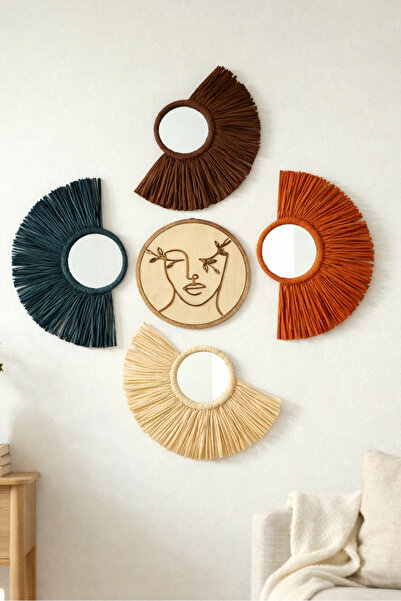 Bubihome Renkli Rafya Aynalı Duvar Dekor Seti | 4’lü Bohem Duvar Aynası + Ahş...