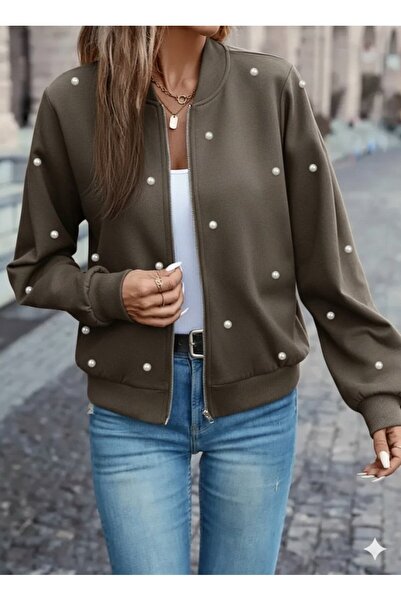 Kanonik Education Women's Long Sleeve Front Zipper Pearl Short Modal Jacket