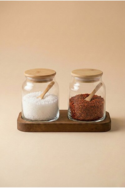 2-Piece Set with Wooden Stand Transparent Glass Salt and Pepper Jar Set with Wooden Lid / 290 ml