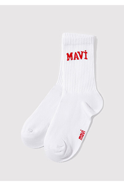 Mavi Logo Detaylı Beyaz Soket Çorap 1912726-20454