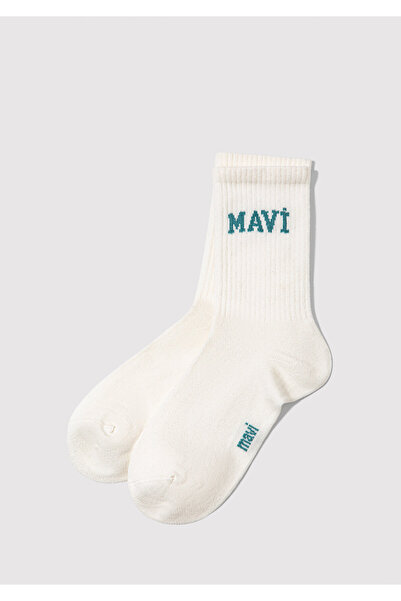 Mavi Logo Detaylı Beyaz Soket Çorap 1912726-21649