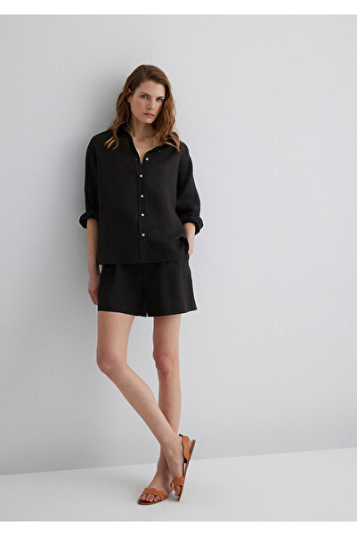 Mavi Siyah Keten Gömlek Loose Fit / Bol Rahat Kesim 1210747-900