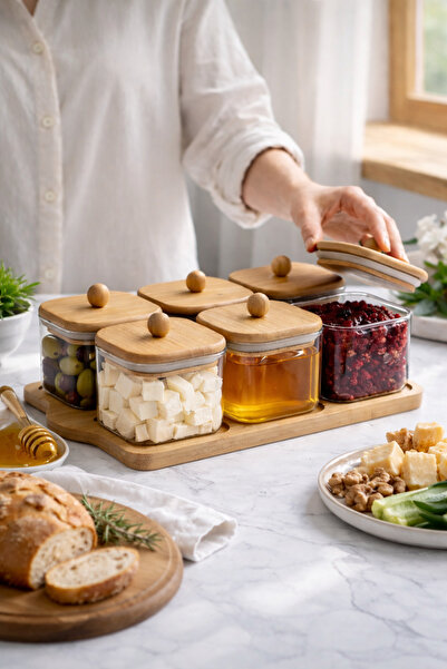 Paşabahçe Bambu Standlı Bambu Kapaklı Cam Kahvaltılık-Meze Saklama Seti-7 Par...