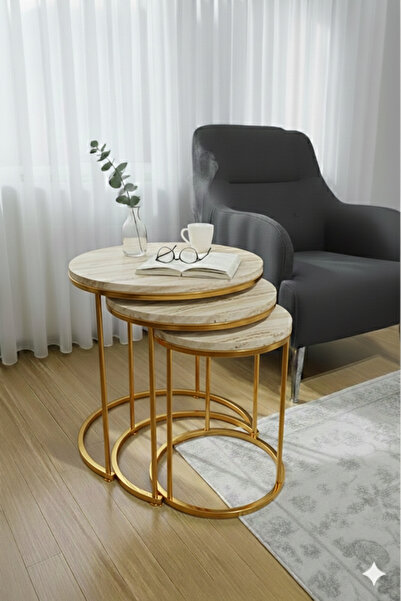 usta mekan Usta Gold Metal Traverten Mermer Desen Ahşap Tablalı 3 lü Zigon Sehpa