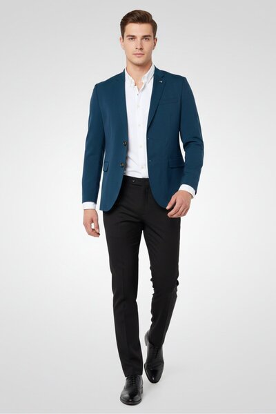 Tommy Hilfiger بليزر رجالي طويل الأكمام بقصة أنيقة، لون أخضر مائل للأزرق