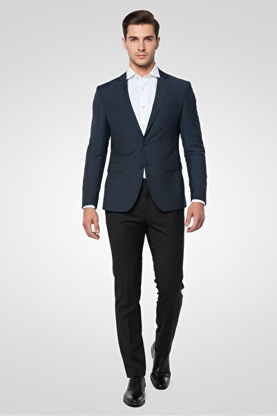 Calvin Klein بليزر رجالي بقصة ضيقة ونقشة مربعات، لون أزرق داكن