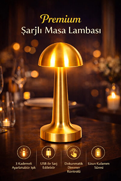Berdina Home 3 Işık Renkli Şarjlı Dim Edilebilir Masa Lambası Gold Kasa Masaü...