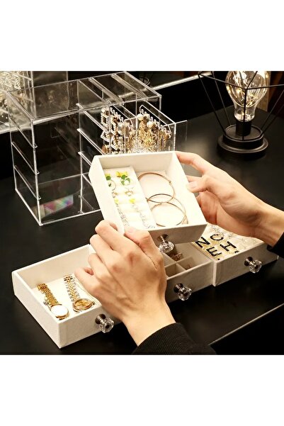 AB Luxury Concept Cutie de bijuterii pentru coliere, cercei, brățări, 2 panouri cu 144 găuri, 4 sertare din catifea, 21x13x18