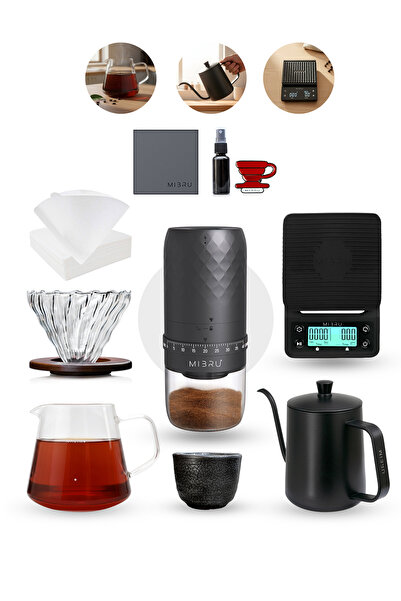 MIBRU مجموعة قهوة V60 مكونة من 10 قطع، ماكينة تحضير القهوة بالتنقيط مع مطحنة ...