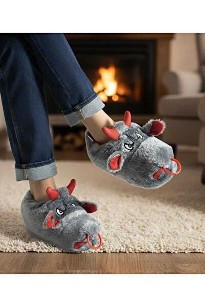 ARONA Gri Boğa Sessiz Taban Peluş Panduf - Unisex Ev Pandufu