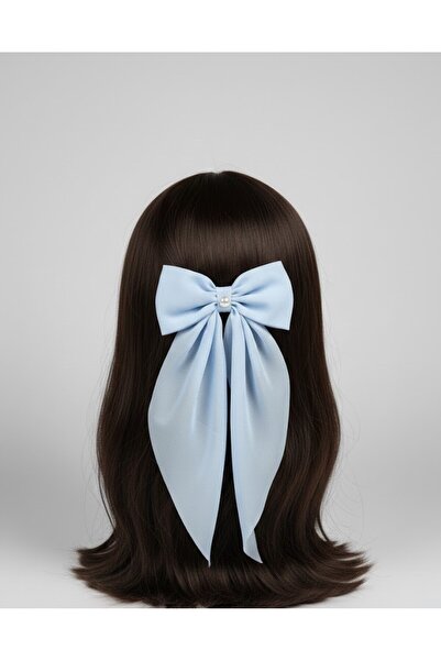 METUZA El Yapımı Şifon Uzun Mavi Minik İnci Detaylı Otomatik Fiyonk Toka