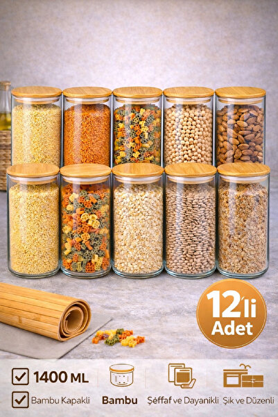 Berdina Home مجموعة من 12 برطمان زجاجي بغطاء من الخيزران مفرغ من الهواء سعة 1...