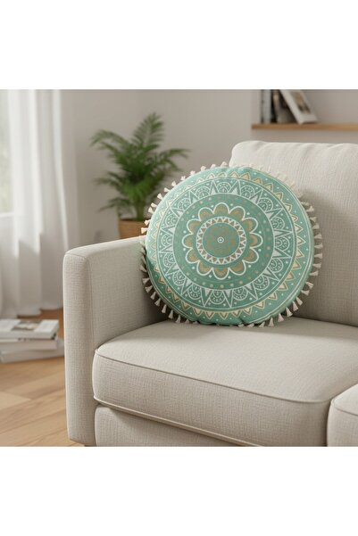 SyaMAG Perna Decorativa Rotunda, Model Mandala, Verde/auriu, 40x10 Cm