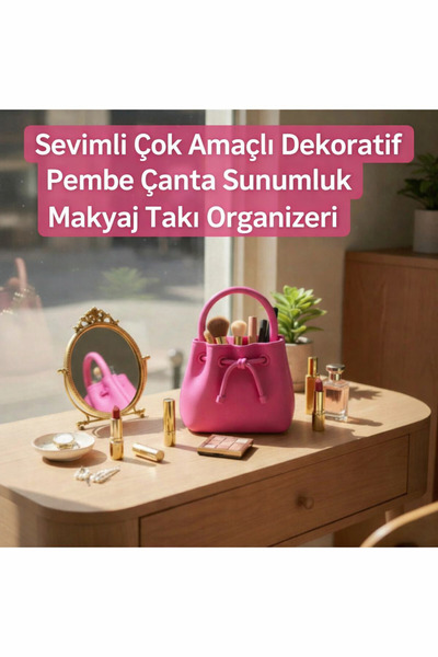 Dropcek eticaret Sevimli Çok Amaçlı Dekoratif Pembe Çanta Sunumluk, Makyaj Ta...