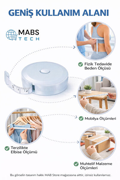 Mabs Tech 1.5 Metre Otomatik Saran Mini Mezura 3'lü Set - A Kalite - Makaralı Basmalı Terzi Ölçüm Bandı 150 Cm