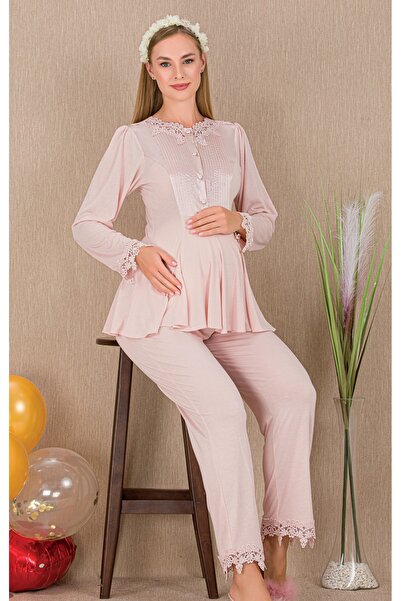 MOPİ Buttoned Guipure Detailed Collar Comfortable Long Sleeve Maternity & Pos...