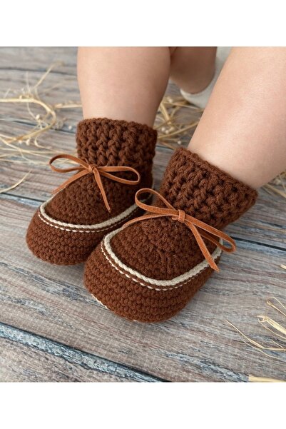 seraskids El Örgüsü Kahverengi Erkek Bebek Kışlık Bot Patik | El Yapımı Lasti...