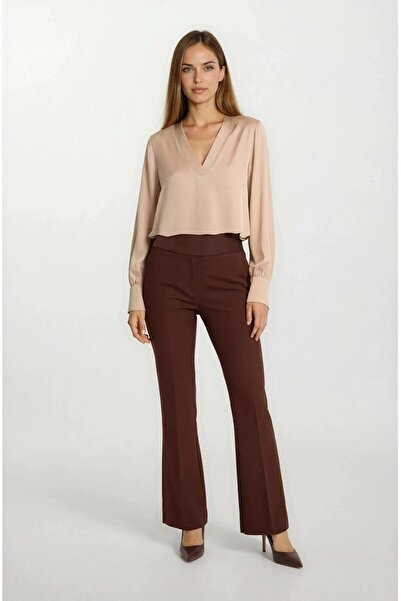 Spazio Marsh V Yaka Saten Bluz CAMEL