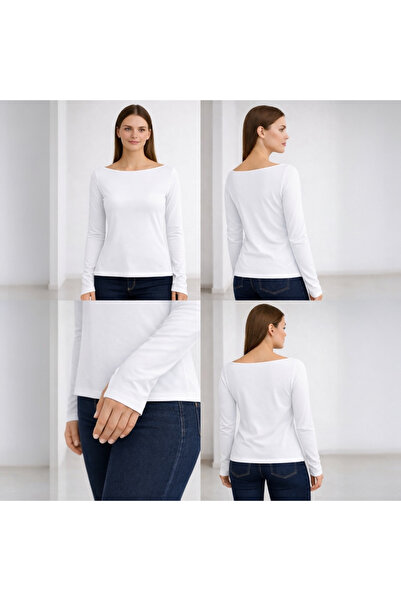 Hayalet Pamuk Dokuma Modal Kayık Yaka Parmak Geçirmeli Body Basic T-Shirt