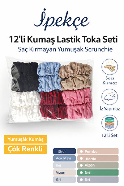 İpekçe 12'li Bürümcük Kumaş Scrunchie Lastik Toka Seti - Saç Kırmayan Yumuşak...